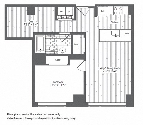 Floor plan for 1 bed, 1 bath, 766 sqft